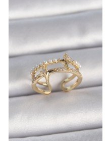 Pirinç Gold Renk Ayarlanabilir Zirkon Taşlı İncili Yıldız Model Kadın Yüzük