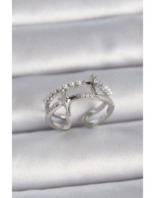 Pirinç Gümüş Renk Ayarlanabilir Zirkon Taşlı Kutup Yıldız İnci Detay Kadın Yüzük