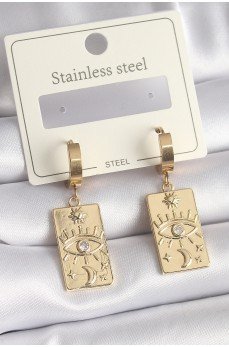 316L Çelik Gold Renk Zirkon Taşlı Göz İşleme Detay Plaka Model Kadın Küpe