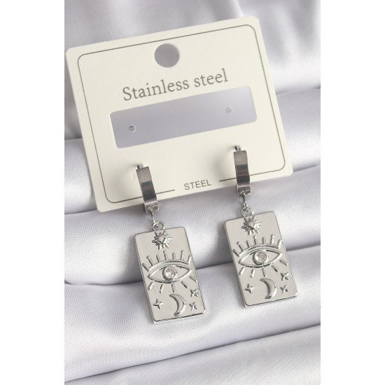 316L Çelik Gümüş Renk Zirkon Taşlı Göz İşleme Detaylı Plaka Model Kadın Küpe 316L Çelik Gümüş Renk Zirkon Taşlı Göz İşleme Detaylı Plaka Model Kadın Küpe