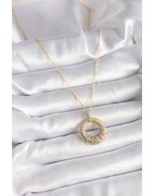 316L Çelik Gold Renk Zincir Gümüş Zirkon Taşlı Daire Model Kadın Kolye