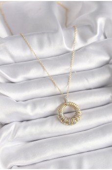316L Çelik Gold Renk Zincir Gümüş Zirkon Taşlı Daire Model Kadın Kolye