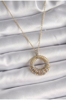 316L Çelik Gold Renk Zincir Gümüş Zirkon Taşlı Daire Model Kadın Kolye