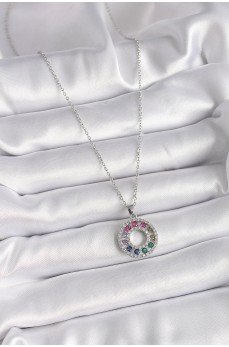 316L Çelik Gümüş Renk Zincir Renkli Zirkon Taşlı Madalyon Model Kadın Kolye