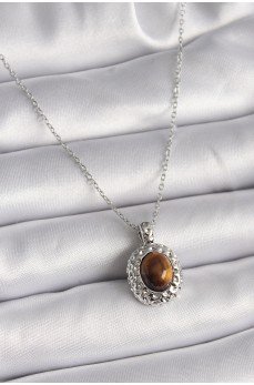 316L Çelik Gümüş Renk Zincir Kehribar Boncuk Model Kadın Kolye