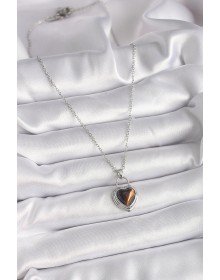 316L Çelik Gümüş Renk Zincir Kilit Kalp Kehribar Boncuk Model Kadın Kolye