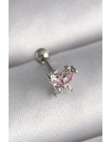 316L Çelik Gümüş Renk Pembe Zirkon Taşlı Kelebek Tragus Piercing