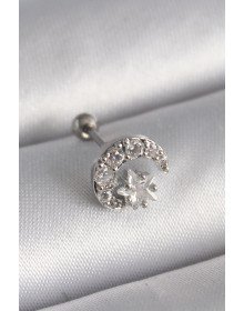 316L Çelik Gümüş Renk Zirkon Taşlı Ay Yıldız Tragus Piercing