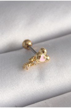 316L Çelik Gold Renk Zirkon Taş Detay Pembe Kalp İşleme Tragus Piercing