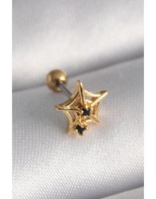 316L Çelik Gold Renk Siyah Zirkon Taş Detay Örümcek Ağ Model Tragus Piercing