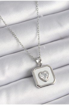 316L Çelik Gümüş Renk Kare Madalyon Kalp Zirkon Taş İşleme Kadın Kolye