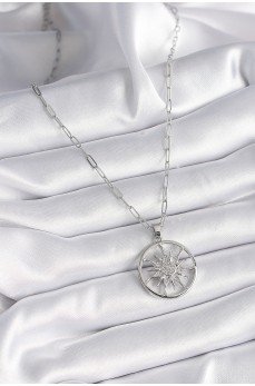 316L Çelik Gümüş Renk Zirkon Taşlı Güneş Madalyon Model Kadın Kolye