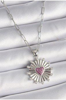 316L Çelik Gümüş Renk Pembe Zirkon Taşlı Kalp İşleme Madalyon Model Kadın Kolye