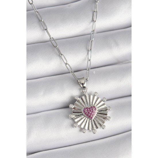 316L Çelik Gümüş Renk Pembe Zirkon Taşlı Kalp İşleme Madalyon Model Kadın Kolye 316L Çelik Gümüş Renk Pembe Zirkon Taşlı Kalp İşleme Madalyon Model Kadın Kolye
