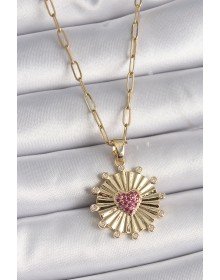 316L Çelik Gold Renk Pembe Zirkon Taşlı Kalp İşleme Madalyon Model Kadın Kolye