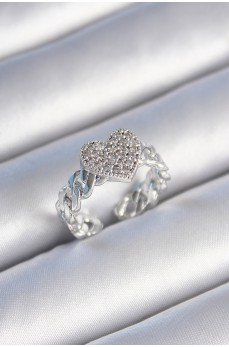 Pirinç Gümüş Renk Zincir Kordon Zirkon Taşlı Kalp Model Kadın Yüzük