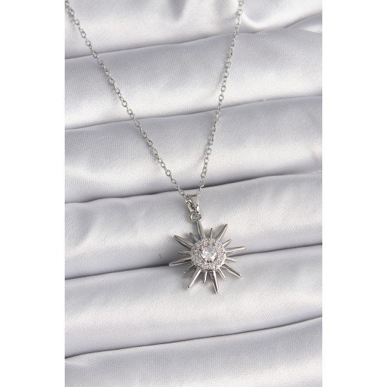 316L Çelik Gümüş Renk Zincir Zirkon Taşlı Güneş Model Kadın Yüzük