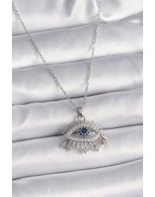 316L Çelik Gümüş Renk Zincir Zirkon Taşlı Göz Model Kadın Kolye