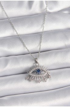 316L Çelik Gümüş Renk Zincir Zirkon Taşlı Göz Model Kadın Kolye