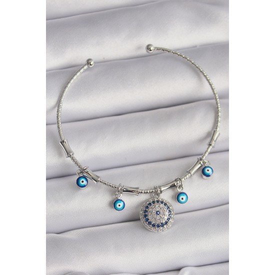 Pirinç Gümüş Renk Sallantı Zirkon Taşlı Nazar Boncuk Figür Charm Bileklik Pirinç Gümüş Renk Sallantı Zirkon Taşlı Nazar Boncuk Figür Charm Bileklik