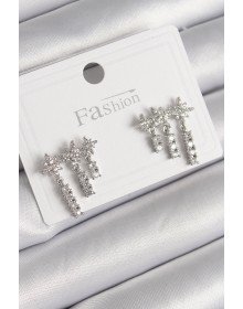 Pirinç Gümüş Renk Zirkon Taşlı 3'Lü Sallantı Yıldız Model Kadın Küpe