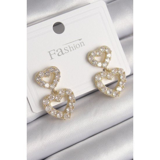 Pirinç Gold Renk Zirkon Taşlı Sallantı Kalp Model Kadın Küpe Pirinç Gold Renk Zirkon Taşlı Sallantı Kalp Model Kadın Küpe