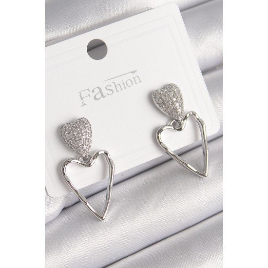 Pirinç Gümüş Renk Zirkon Taşlı Kalp Model Kadın Küpe