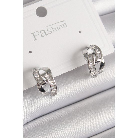 Pirinç Gümüş Renk Zirkon Taşlı Zincir Model Kadın Küpe Pirinç Gümüş Renk Zirkon Taşlı Zincir Model Kadın Küpe