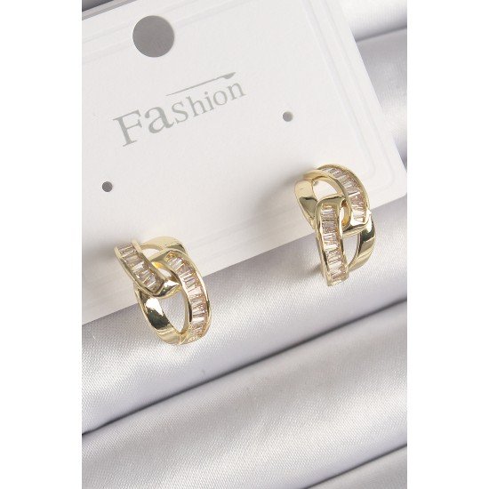 Pirinç Gold Renk Zirkon Taşlı Zincir Model Kadın Küpe Pirinç Gold Renk Zirkon Taşlı Zincir Model Kadın Küpe