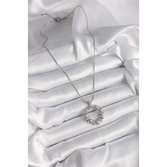 316L Çelik Gümüş Renk Zincir Zirkon Taş Detaylı Bombeli Halka Model Kadın Kolye 316L Çelik Gümüş Renk Zincir Zirkon Taş Detaylı Bombeli Halka Model Kadın Kolye