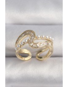 Pirinç Gold Renk Zirkon Taşlı İnci Detay VIP Seri Kadın Yüzük