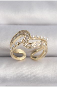 Pirinç Gold Renk Zirkon Taşlı İnci Detay VIP Seri Kadın Yüzük