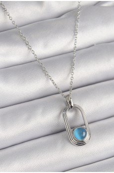 316L Çelik Gümüş Renk Zincir Mavi Kedi Göz Model Kadın Kolye