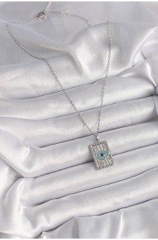 316L Çelik Gümüş Renk Zirkon Taşlı Göz İşleme Detaylı Plaka Model Kadın Kolye