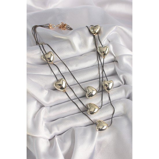 Pirinç Füme Renk Zincir 3D Gold Renk Kalp Model Kadın Kolye