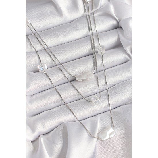 Pirinç Gümüş Renk Ezme İnci Model Çoklu Kadın Kolye Pirinç Gümüş Renk Ezme İnci Model Çoklu Kadın Kolye