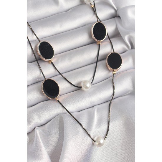 Pirinç Siyah Renk Zincir İnci Detaylı Çoklu Kadın Kolye Pirinç Siyah Renk Zincir İnci Detaylı Çoklu Kadın Kolye