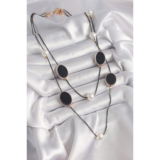Pirinç Siyah Renk Zincir İnci Detaylı Çoklu Kadın Kolye Pirinç Siyah Renk Zincir İnci Detaylı Çoklu Kadın Kolye