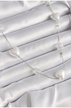 Pirinç Gümüş Renk Beyaz İnci Kalp Model Kadın Kolye