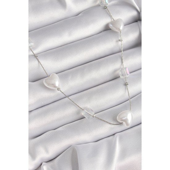 Pirinç Gümüş Renk Beyaz İnci Kalp Model Kadın Kolye Pirinç Gümüş Renk Beyaz İnci Kalp Model Kadın Kolye