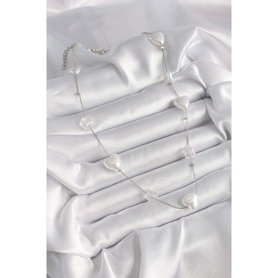 Pirinç Gümüş Renk Beyaz İnci Kalp Model Kadın Kolye Pirinç Gümüş Renk Beyaz İnci Kalp Model Kadın Kolye