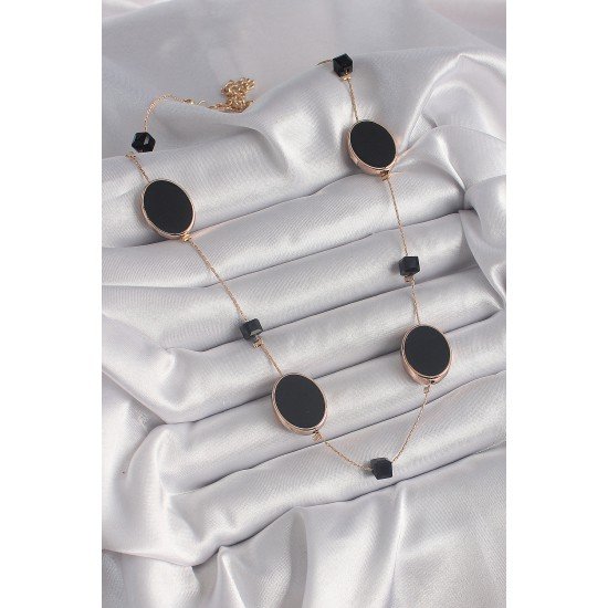 Pirinç Gold Renk Siyah Renk Oval Siyah Küp Detay Kadın Kolye Pirinç Gold Renk Siyah Renk Oval Siyah Küp Detay Kadın Kolye