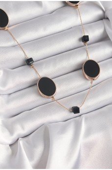 Pirinç Gold Renk Siyah Renk Oval Siyah Küp Detay Kadın Kolye