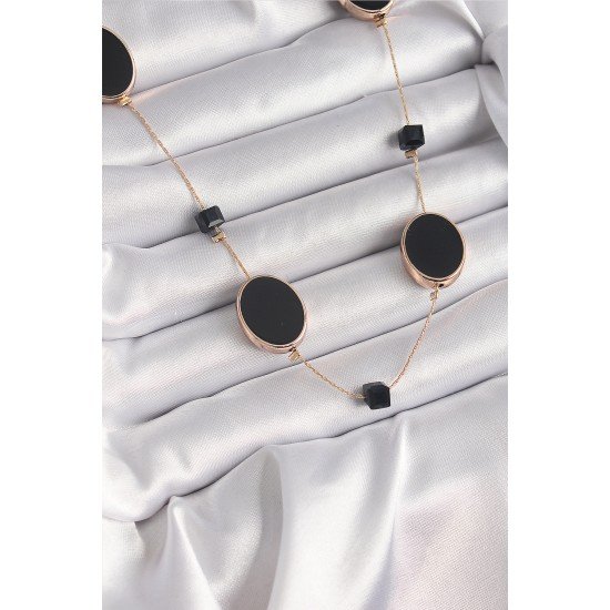 Pirinç Gold Renk Siyah Renk Oval Siyah Küp Detay Kadın Kolye Pirinç Gold Renk Siyah Renk Oval Siyah Küp Detay Kadın Kolye