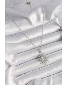 316L Çelik Gümüş Renk Zincir Zirkon Taşlı Güneş Model Sedefli Ay İşleme Detay Kadın Kolye