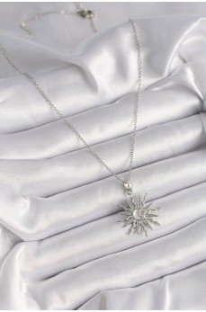 316L Çelik Gümüş Renk Zincir Zirkon Taşlı Güneş Model Sedefli Ay İşleme Detay Kadın Kolye