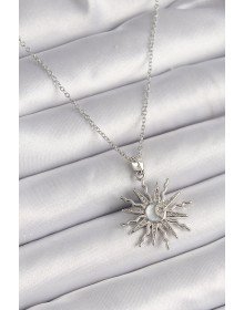 316L Çelik Gümüş Renk Zincir Zirkon Taşlı Güneş Model Sedefli Ay İşleme Detay Kadın Kolye