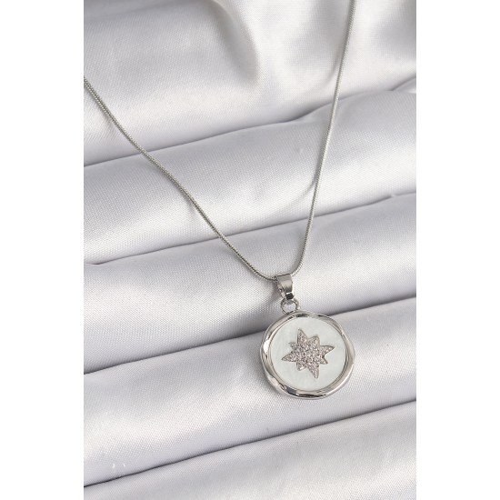 316L Çelik Gümüş Renk Zincir Beyaz Sedefli Zirkon Taşlı Yıldız İşleme Model Kadın Kolye 316L Çelik Gümüş Renk Zincir Beyaz Sedefli Zirkon Taşlı Yıldız İşleme Model Kadın Kolye