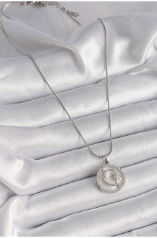 316L Çelik Gümüş Renk Zincir Zirkon Taş Detaylı Beyaz Sedefli Ay Yıldız İşleme Kadın Kolye