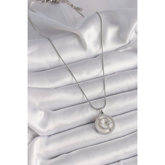 316L Çelik Gümüş Renk Zincir Zirkon Taş Detaylı Beyaz Sedefli Ay Yıldız İşleme Kadın Kolye 316L Çelik Gümüş Renk Zincir Zirkon Taş Detaylı Beyaz Sedefli Ay Yıldız İşleme Kadın Kolye